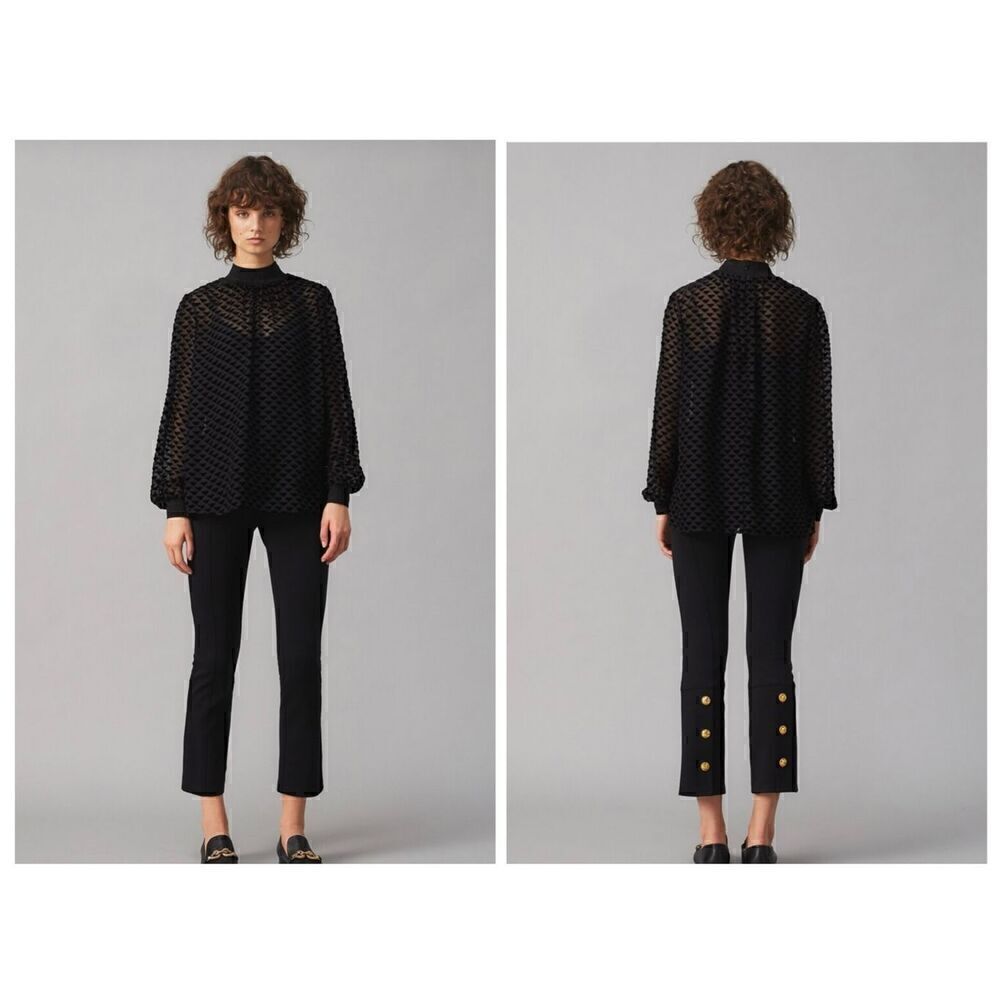 Tory Burch Ponte Flare Cropped Length Pant with Gold Tone Raised Logo Buttons